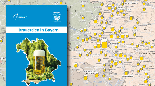 Deckblatt der Karte Brauereinen in Bayern mit gefülltem Bierkrug in Umriss Bayerns, daneben Kartenausschnitt von Bamberg